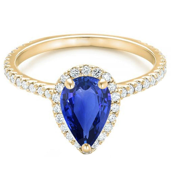 Women Halo Natural Earth Mined Diamond Ring Pear Sri Lankan Sapphire 5 Carats