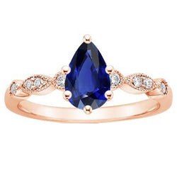 Rose Gold Sapphire Ring Vintage Style Pear & Round Natural Earth Mined Diamonds 4 Carats