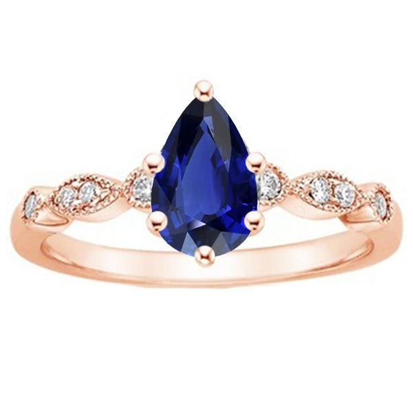 Rose Gold Sapphire Ring Vintage Style Pear & Round Natural Earth Mined Diamonds 4 Carats