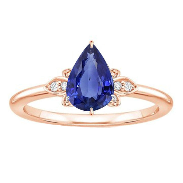 Rose Gold Solitaire With Accents Ring Pear Ceylon Sapphire 3 Carats