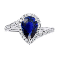 Blue Sapphire Halo Engagement Ring Pear & Natural Earth Mined Diamonds 4.50 Carats