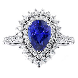 Natural Earth Mined Diamond Double Halo Ring Flower Style Pear Blue Sapphire 5.50 Carats