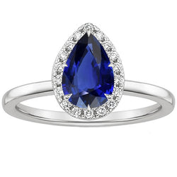 Blue Sapphire Halo Ring Prong Set Pear & Natural Earth Mined Diamonds 4.50 Carats