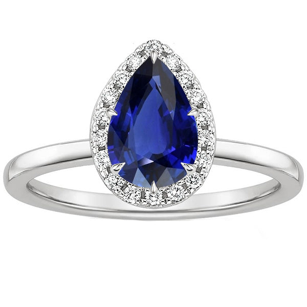 Blue Sapphire Halo Ring Prong Set Pear & Natural Earth Mined Diamonds 4.50 Carats