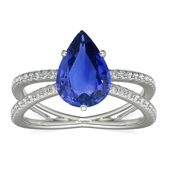 Natural Earth Mined Diamond Engagement Ring Pear Blue Sapphire 5 Carats Split Shank