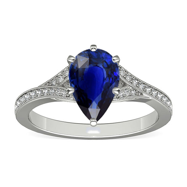 White Gold Sri Lankan Sapphire Ring Pear & Round Natural Earth Mined Diamonds 4 Carats