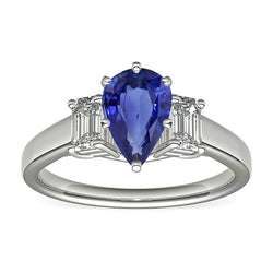 Three Stone Ring Pear SriLanka Sapphire 2 Carats & Emerald Natural Earth Mined Diamonds
