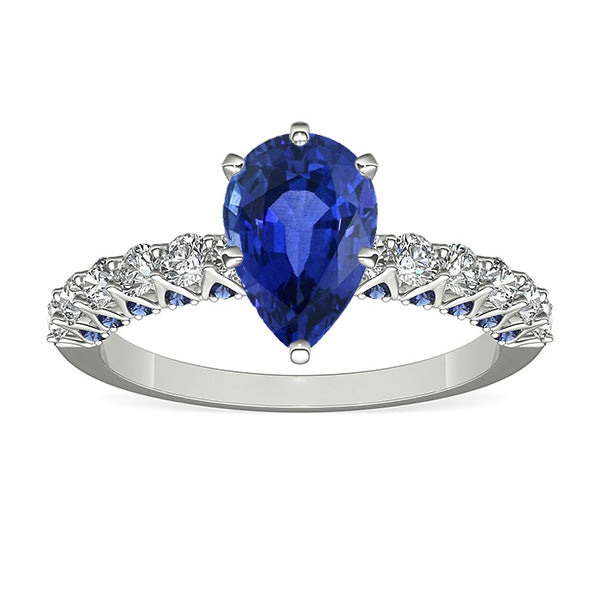 Gemstone Ring Pear With Round Blue Sapphire & Natural Earth Mined Diamond Accents 3 Carats