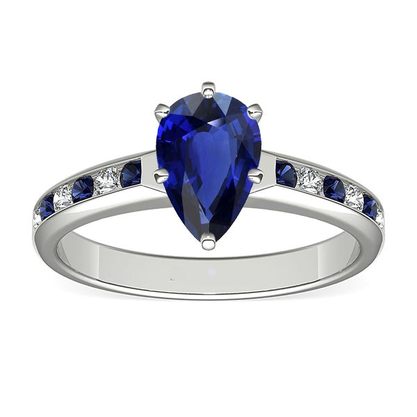 Pear Engagement Ring Channel Set Blue Sapphires & Natural Earth Mined Diamonds 2 Carats