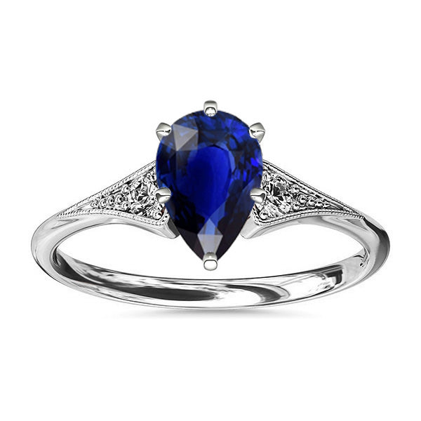 White Gold 3 Stone Ring Pear Ceylon Sapphire & Natural Earth Mined Diamonds 1.75 Carats