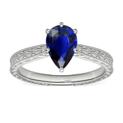 Natural Real ( Not Lab Grown )  Solitaire Pear Antique Style Blue Sapphire Ring 1.50 Carats White Gold