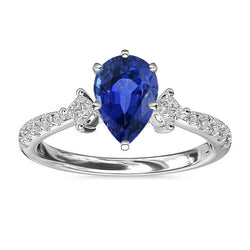 Blue Sapphire Ring SriLanka Three Stone Natural Earth Mined Diamond Accents Pear 3 Carats