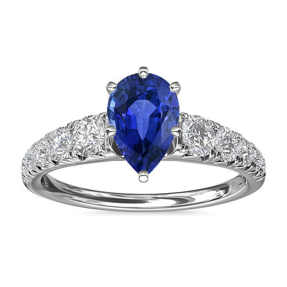 Blue Sapphire Engagement Ring Pear Shaped & Natural Earth Mined Diamonds 3.50 Carats