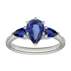 Pear Blue Sapphire Three Stone Ring 2 Carats White Gold 14K
