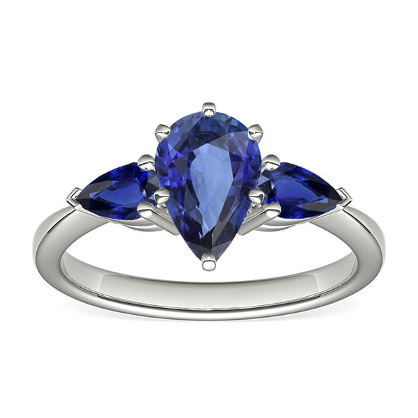 Pear Blue Sapphire Three Stone Ring 2 Carats White Gold 14K