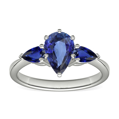 Natural Real ( Not Lab Grown )  Pear Blue Sapphire Three Stone Ring 2 Carats White Gold 14K
