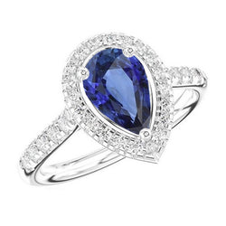 Pear Shaped Halo Ring Blue Sapphire & Natural Earth Mined Diamonds 4 Carats