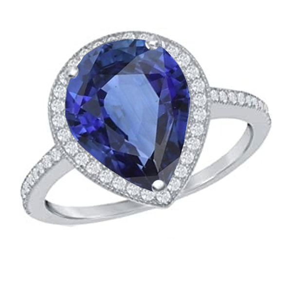 Gemstone Halo Pear Ceylon Sapphire Ring & Natural Earth Mined Diamonds 5 Carats