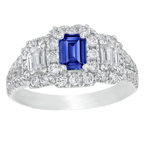Blue Sapphire Halo Ring Radiant Cut Emerald & Round Natural Earth Mined Diamonds 4 Carats