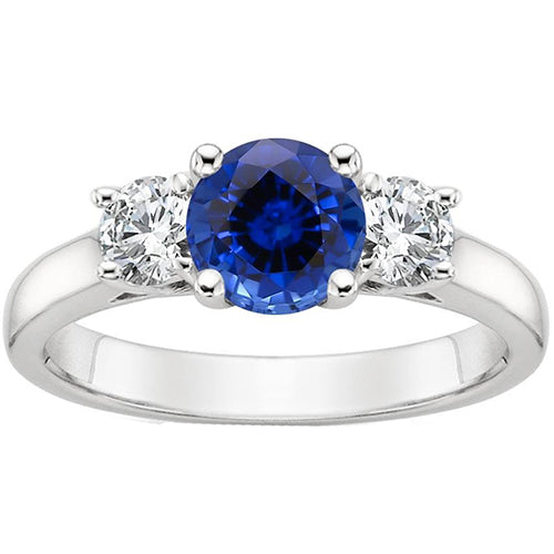 Best Amazing Stylish New Three Stone Gold Ring Round Ceylon Sapphire And Diamonds