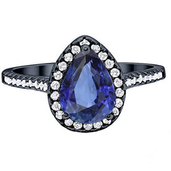 Black Gold Halo Pear Shaped Ring Blue Sapphire & Natural Earth Mined Diamonds 4 Carats