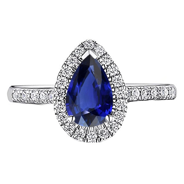 Halo Srilanka Sapphire Pear Shaped Ring & Natural Earth Mined Diamonds 3.50 Carats