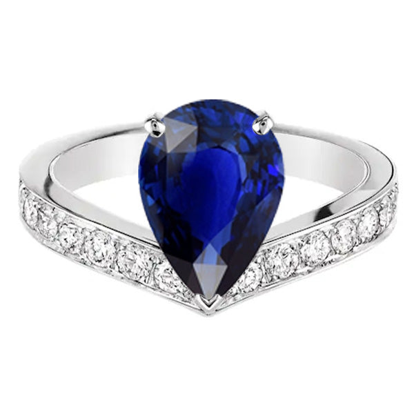 Natural Earth Mined Diamond Anniversary Ring Pear Ceylon Sapphire 4 Carats Ladies Jewelry