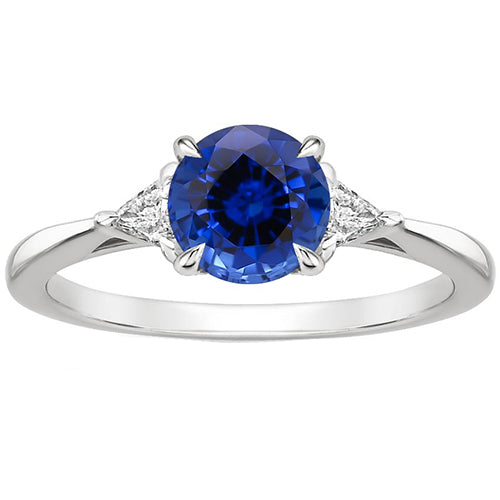 Lady’s  Style White Elegant 3 Stone Gold Ring Round Blue Sapphire & Trillion Diamonds