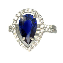 Gold Natural Earth Mined Diamond Halo Wedding Ring Set Pear Blue Sapphire Center 4 Carats