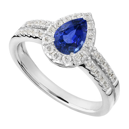 Natural Real ( Not Lab Grown )  Pear Halo Engagement Ring Ceylon Sapphire Split Shank 4 Carats