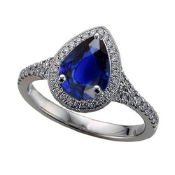 Natural Earth Mined Diamond Halo Ring Pear Cut Blue Sapphire Antique Style 3.50 Carats
