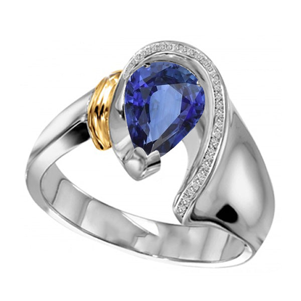 Women  Quality Wedding  Diamond Ring 2 Carats Pear Cut Blue SriLankan Sapphire Two Tone