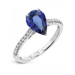Solitaire Pear Blue Sapphire Ring With Scallop Set Natural Earth Mined Diamonds 3 Carats