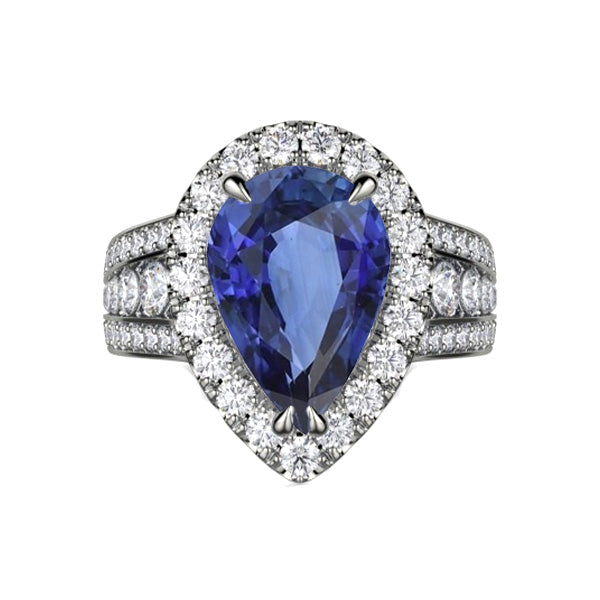 Pear Halo Engagement  Quality Wedding  Blue Sapphire Ring Set & Diamonds
