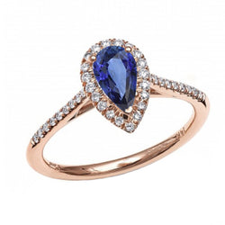 Halo Pear Blue Sapphire Ring 14K Rose Gold 3 Carats Natural Earth Mined Diamonds