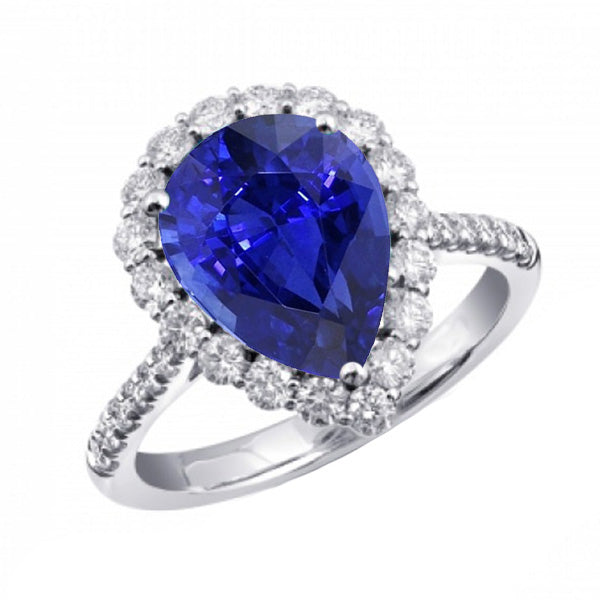 Halo Pear Shaped Blue Sapphire & Round Diamond Women Jewelry Sparkling Unique  Ring