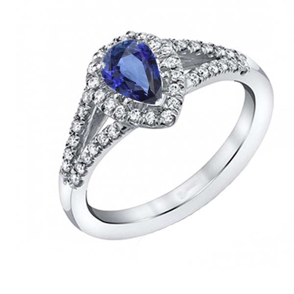Women Jewelry Sparkling Unique  Wedding Halo Ring Pear Ceylon Sapphire Double Shank 