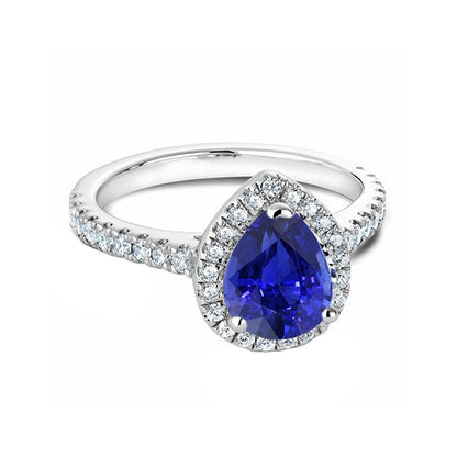 Women Jewelry Sparkling Unique  Blue Sapphire & Diamond Halo Pear Cut Ring