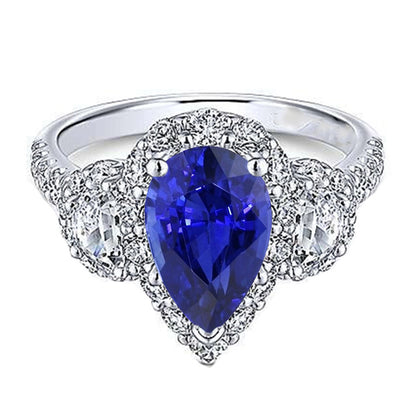 Natural Earth Mined Diamond Halo Pear Ceylon Sapphire Ring 3 Stone Style 4.50 Carats