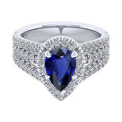 Halo Ring Prong Set Pear Blue Sapphire & Triple Shank Natural Earth Mined Diamond 5 Carats