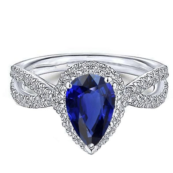Women Jewelry Sparkling Unique  Blue Sapphire Halo Pear Engagement Ring Split Shank