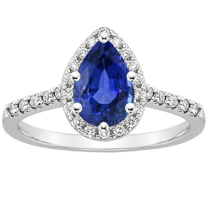 Pear Cut Blue Sapphire & Diamond Halo Ring  Women Jewelry Sparkling Unique   Ladies Jewelry
