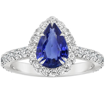 Anniversary Halo Blue Sapphire Ring   & Pave Set Pear  Women Jewelry Sparkling Unique  