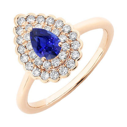Ladies Double Women Jewelry Sparkling Halo Ring Pear Blue Sapphire & Diamonds