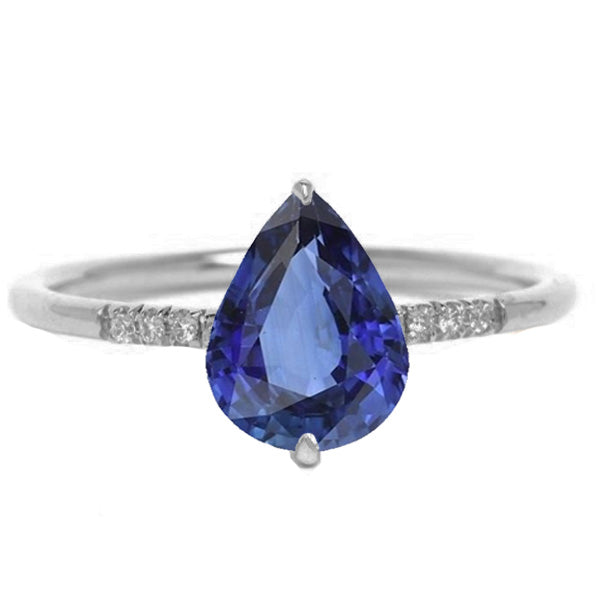 Gemstone Pear  Women Jewelry Sparkling Blue Sapphire Ring & Small Round Diamonds