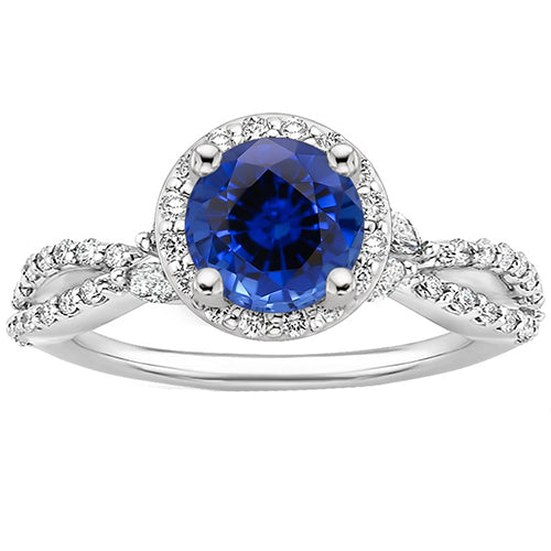 Lady’s  Style White Elegant Diamond Halo Jewelry Deep Blue Sapphire Split Shank Prong