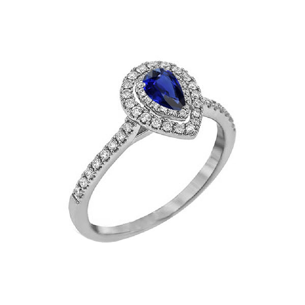 Pear Double Halo Ring Blue Sapphire Women Jewelry Sparkling  Gold Diamonds