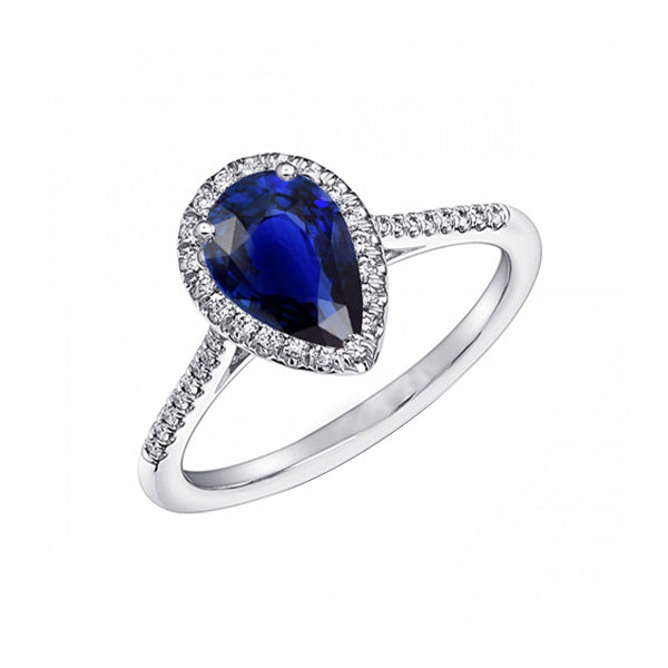   Lady’s Brilliant Blue Sapphire Halo Pear Shaped Ring & Diamonds