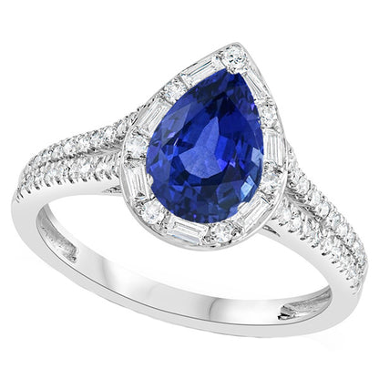 Pear Halo Blue    Lady’s Brilliant Sapphire Ring Double Shank & Baguette Diamonds