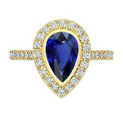 Yellow Gold Halo Pear Srilanka Sapphire Ring & Natural Earth Mined Diamonds 4 Carats